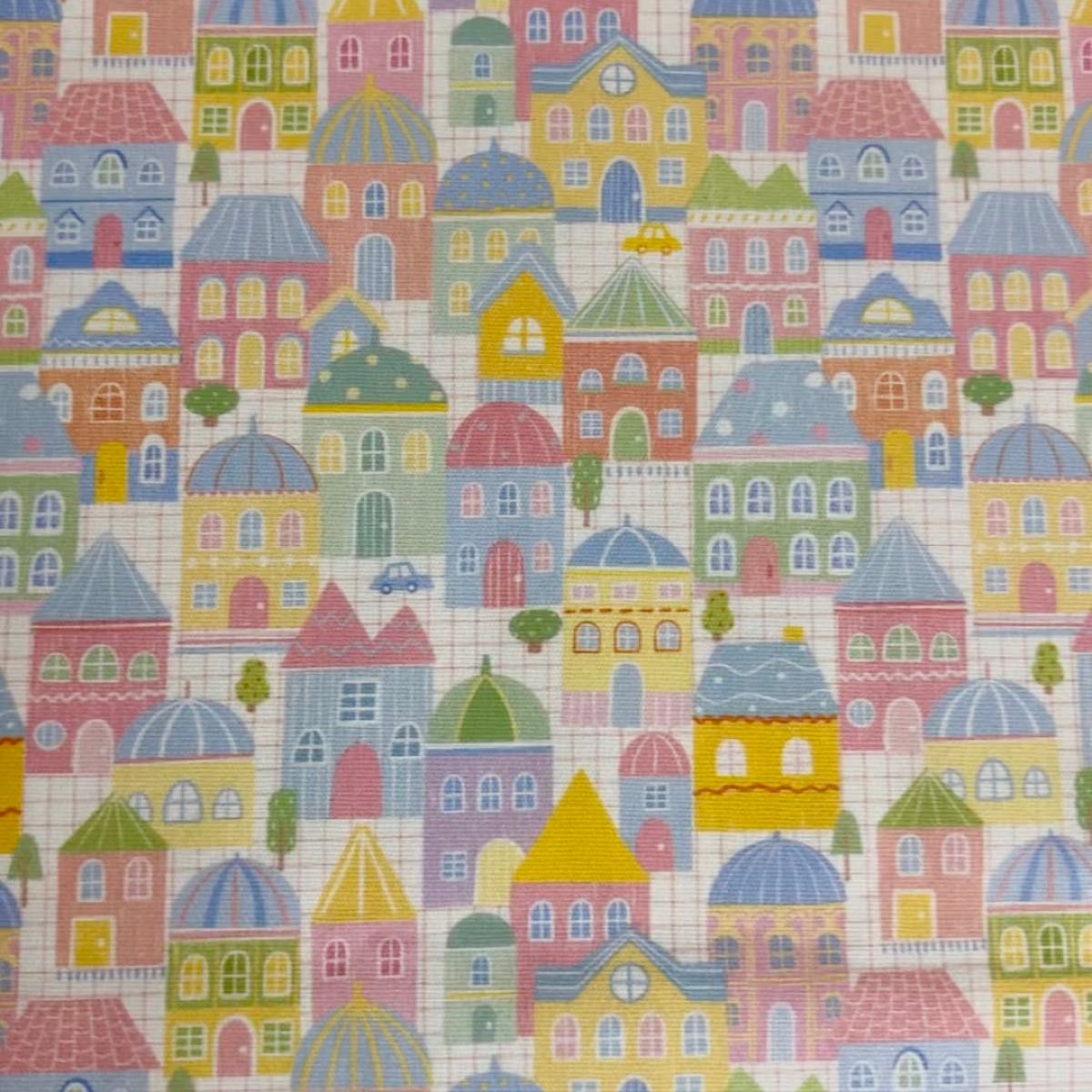 100cm*150cm 新柄 カラフル木屋 風景 町広幅薄帆布 プリント綿コットン生地ハントメイド用ハギレ生地