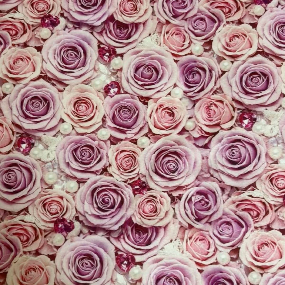 長さ100cm*110cm(幅)夏新柄 薄紫薔薇花柄パールハート形ラインストーン コットンプリント生地シーチングハギレ生地
