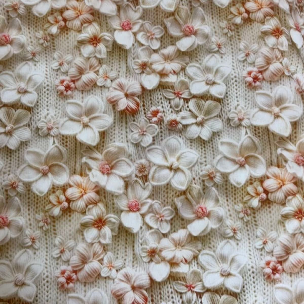 長さ100cm*110cm(幅)秋冬新柄立体感毛糸刺繍風白花柄コットン生地プリント生地ハンドメイド用 シーチングハギレ生地