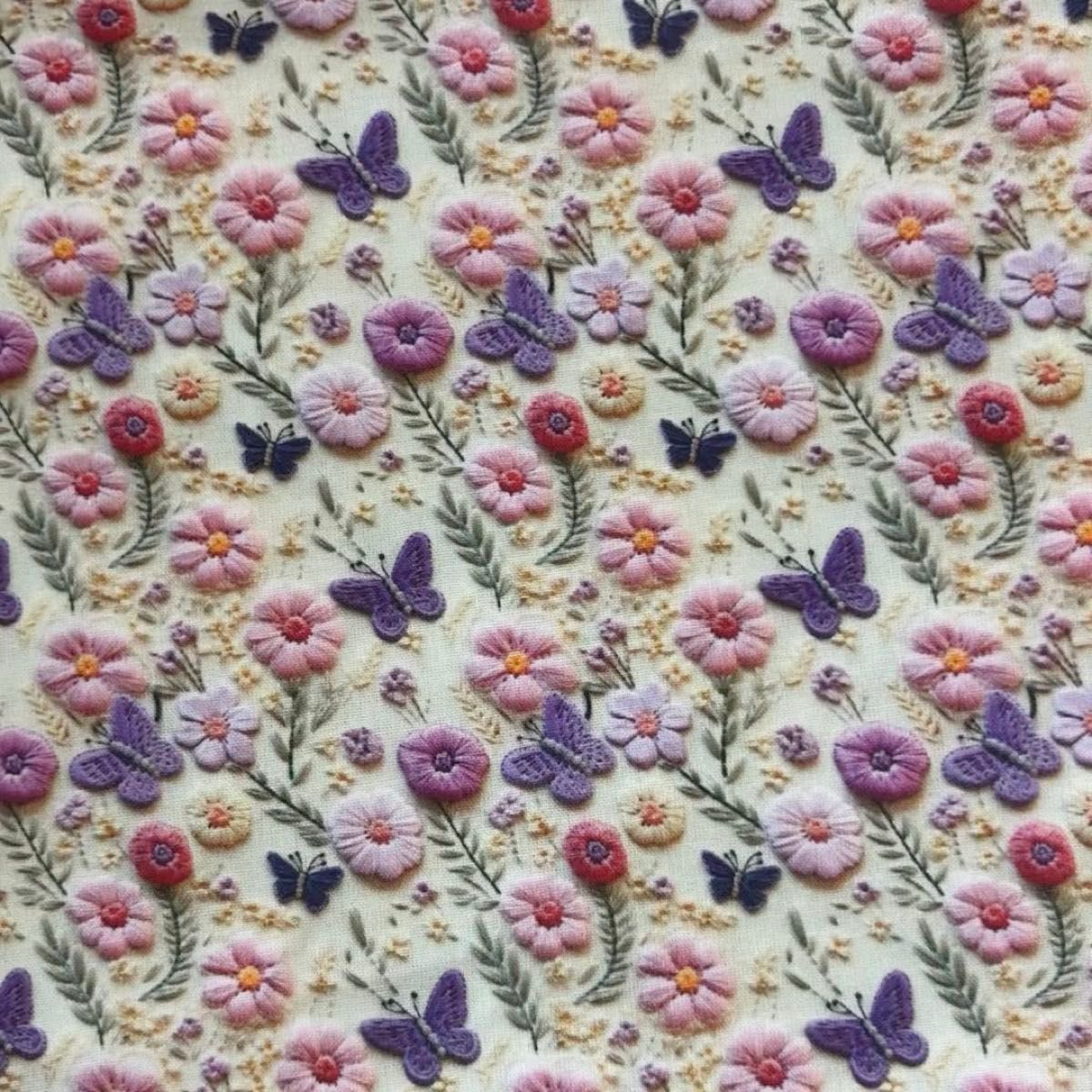 長さ100cm*110cm(幅) 刺繍風 紫蝶ピンク花パールハートラインストーン 100%コットンプリント生地シーチングハギレ生地
