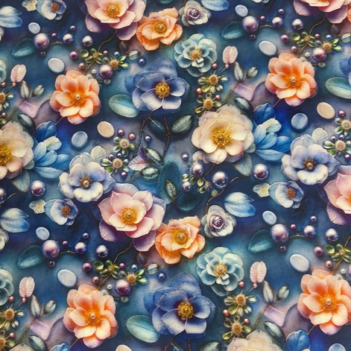 長さ100cm*110cm(幅) 新柄立体感ブルー下地深紫パール薔薇花柄コットンプリント生地ハンドメイド用 シーチングハギレ生地