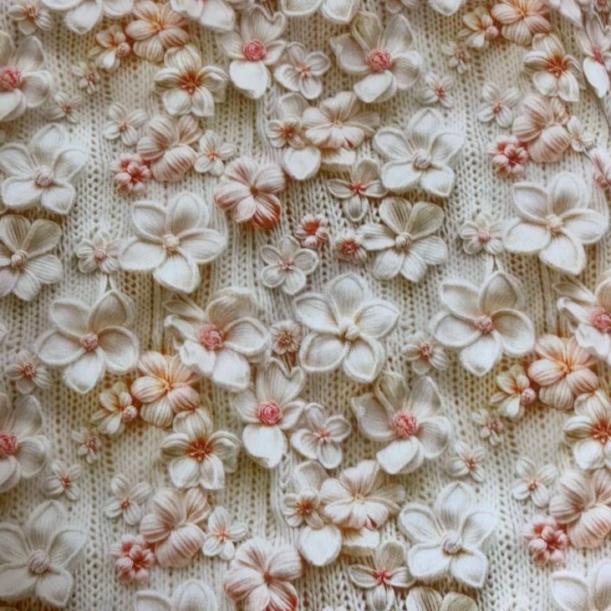 長さ100cm*110cm(幅)秋冬新柄立体感毛糸刺繍風白花柄コットン生地プリント生地ハンドメイド用 シーチングハギレ生地