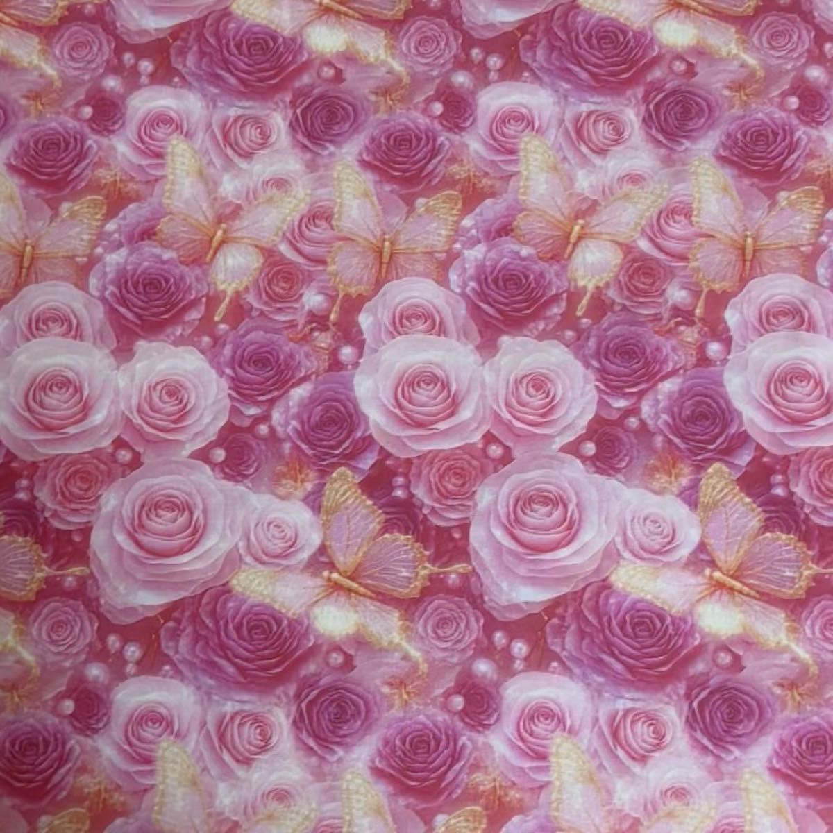 長さ50cm*110cm(幅)夏秋新柄 印象派風金蝶々ピンク薔薇花柄コットン生地プリント生地ハンドメイド用 シーチングハギレ生地