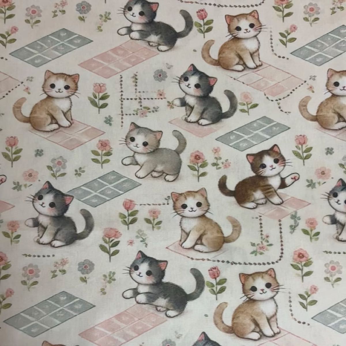長さ100cm*110cm(幅) ラスト1点 可愛い猫 石蹴り遊びねこコットン生地プリントハンドメイド用 シーチングハギレ生地