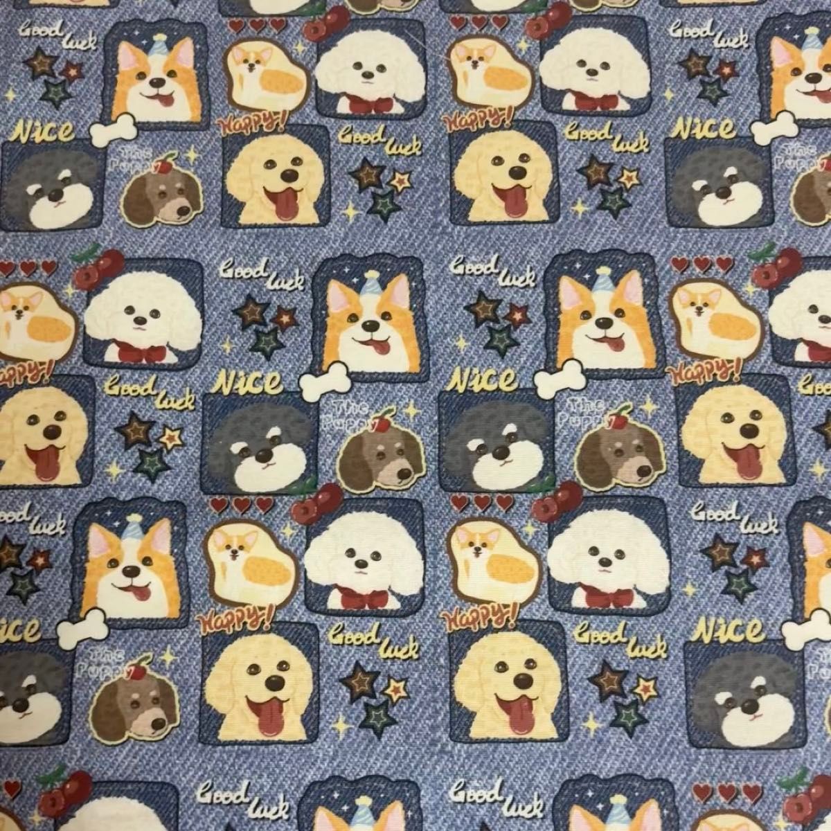 長さ100cm*150cm(幅) ラスト1点デニム風可愛い犬 ワンコ達薄細帆布 コットン生地プリントハンドメイド用 綿ハギレ生地布