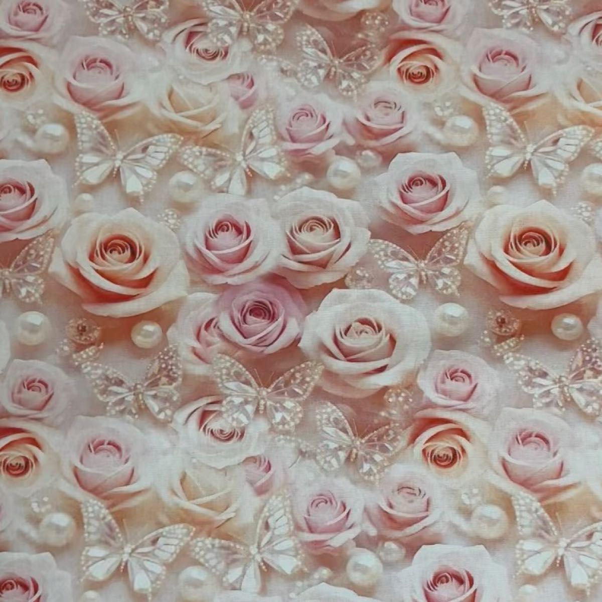 長さ100cm*110cm(幅)秋新柄 ラインストーン蝶とピンク薔薇バラ花柄パールコットンプリント生地シーチングハギレ生地