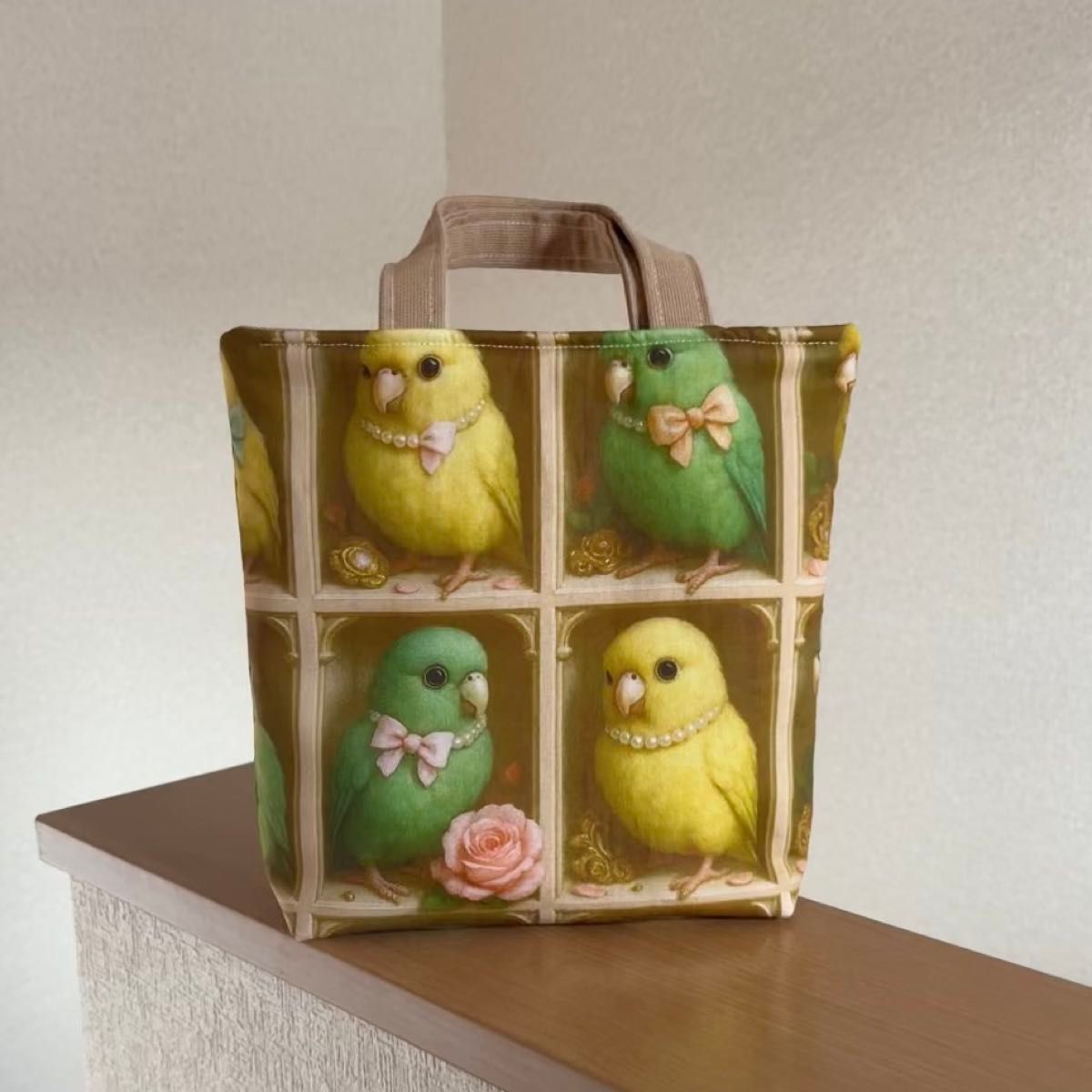 新作 可愛いインコ薔薇ミニトートバッグレディースハンドメイド バッグインバッグビッグポーチ散歩バッグ誕生日プレゼント