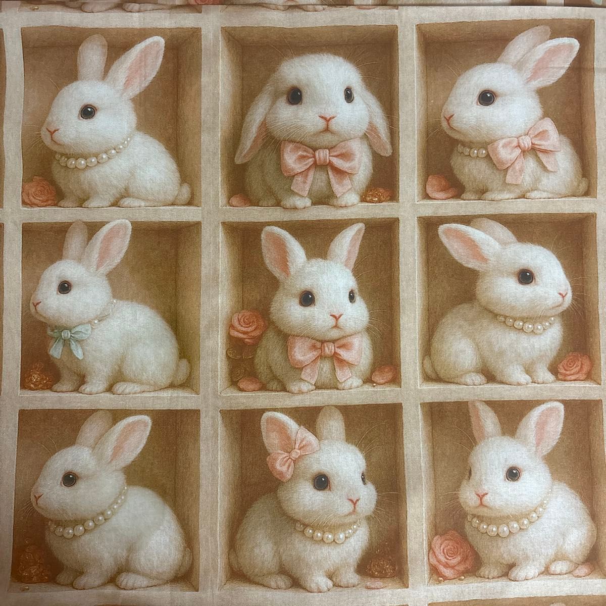 うさこ〜 ハンドメイド 22fabric パズル・リボンコレクター 3点 95cmx110cm夏新柄 64匹3D立体感可愛いうさぎパールリボン薔薇