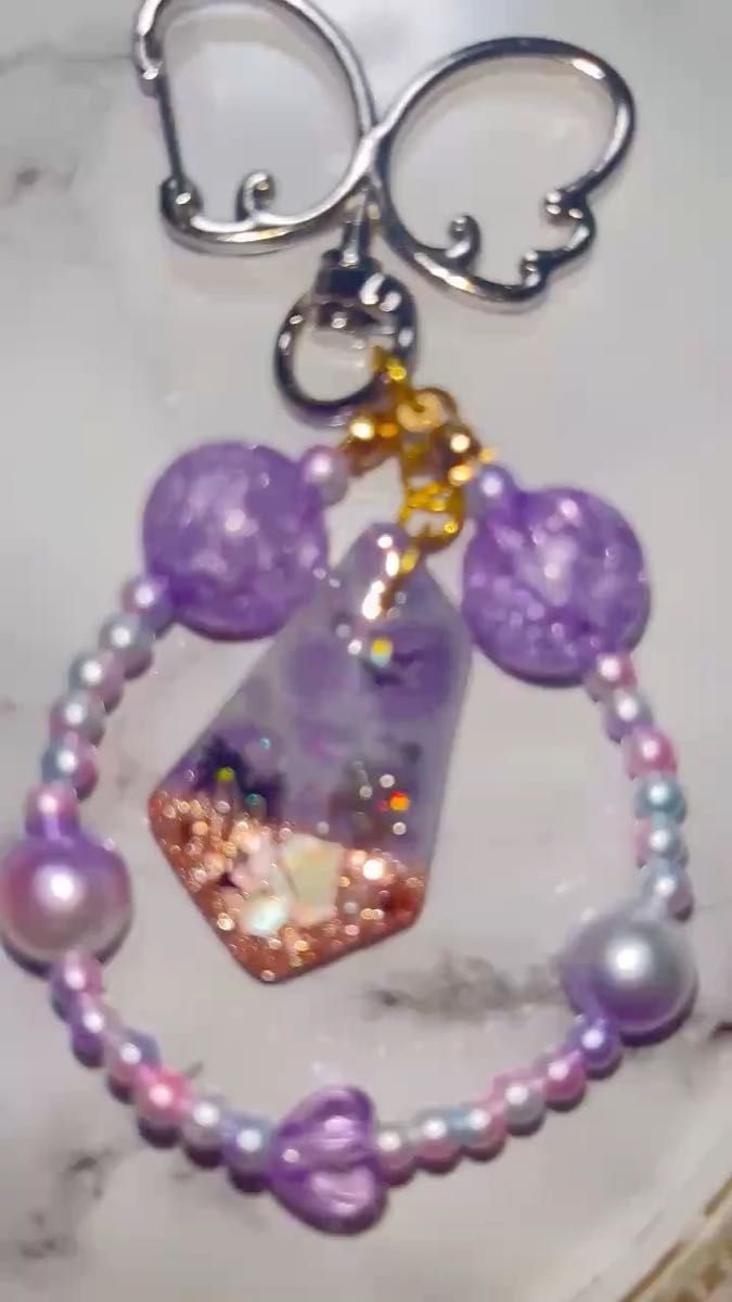 キーホルダー ハンドメイド 海 夏 紫 ビーズ レジン ヤシの木