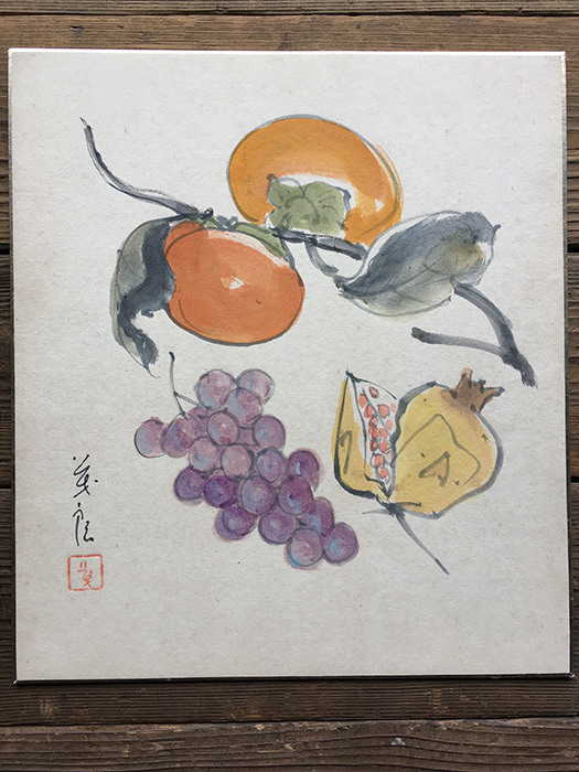 ヤフオク 色紙絵 柿 葡萄 無花果 中古 古物 絵画 秋 銘あ ヤフオク 色紙絵 柿 葡萄 無花果 中古 古物 絵画 秋 銘あ
