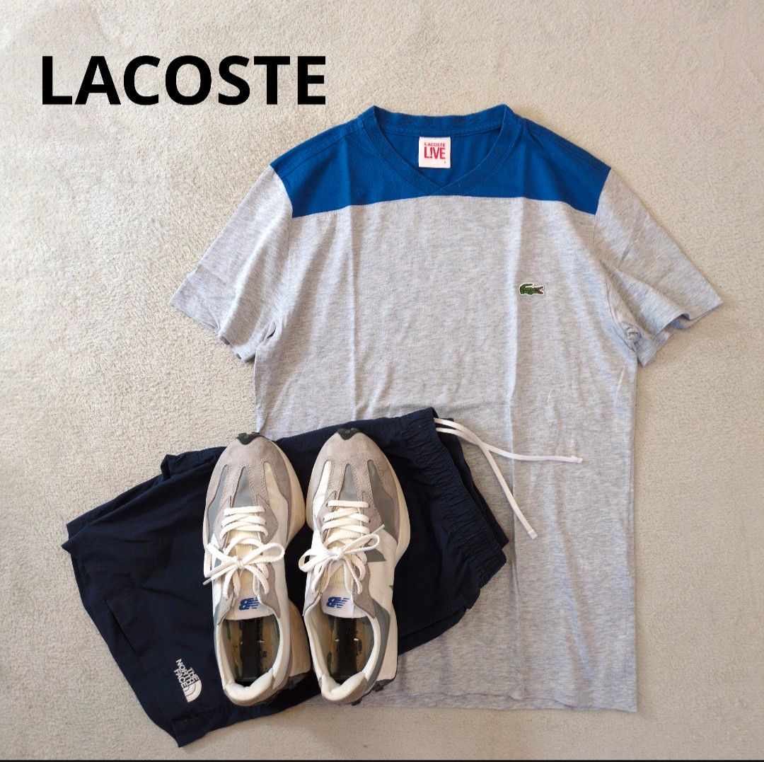 LACOSTE ワニ 刺繍パッチ ナイロン クロスボディー ユニセックス ラコステ 胸ワニ刺繍ロゴ バイカラー Vネック Tシャツ グレー
