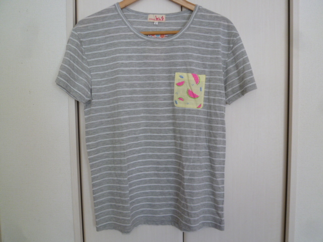 【新品】TITICACA/チチカカ○グレー×白ボーダースイカ柄ポケットTシャツカットソーF/半袖トップス○T710_画像1