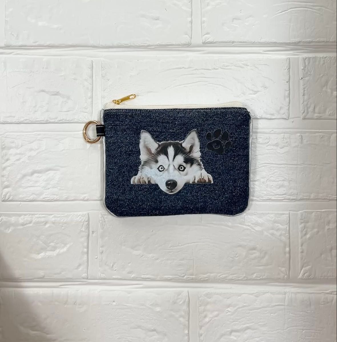 ハスキー×デニム ミニポーチ 小物入れ ハンドメイド わんちゃん 犬 一点物 シベリアンハスキー