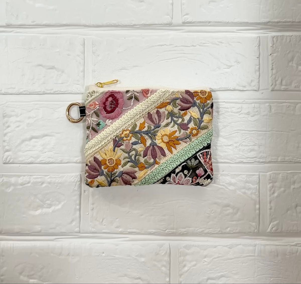 new ⑨ インド刺繍リボン ミニポーチ コインポーチ 小物入れ 小銭入れ ハンドメイド 大人可愛い 斜めデザイン
