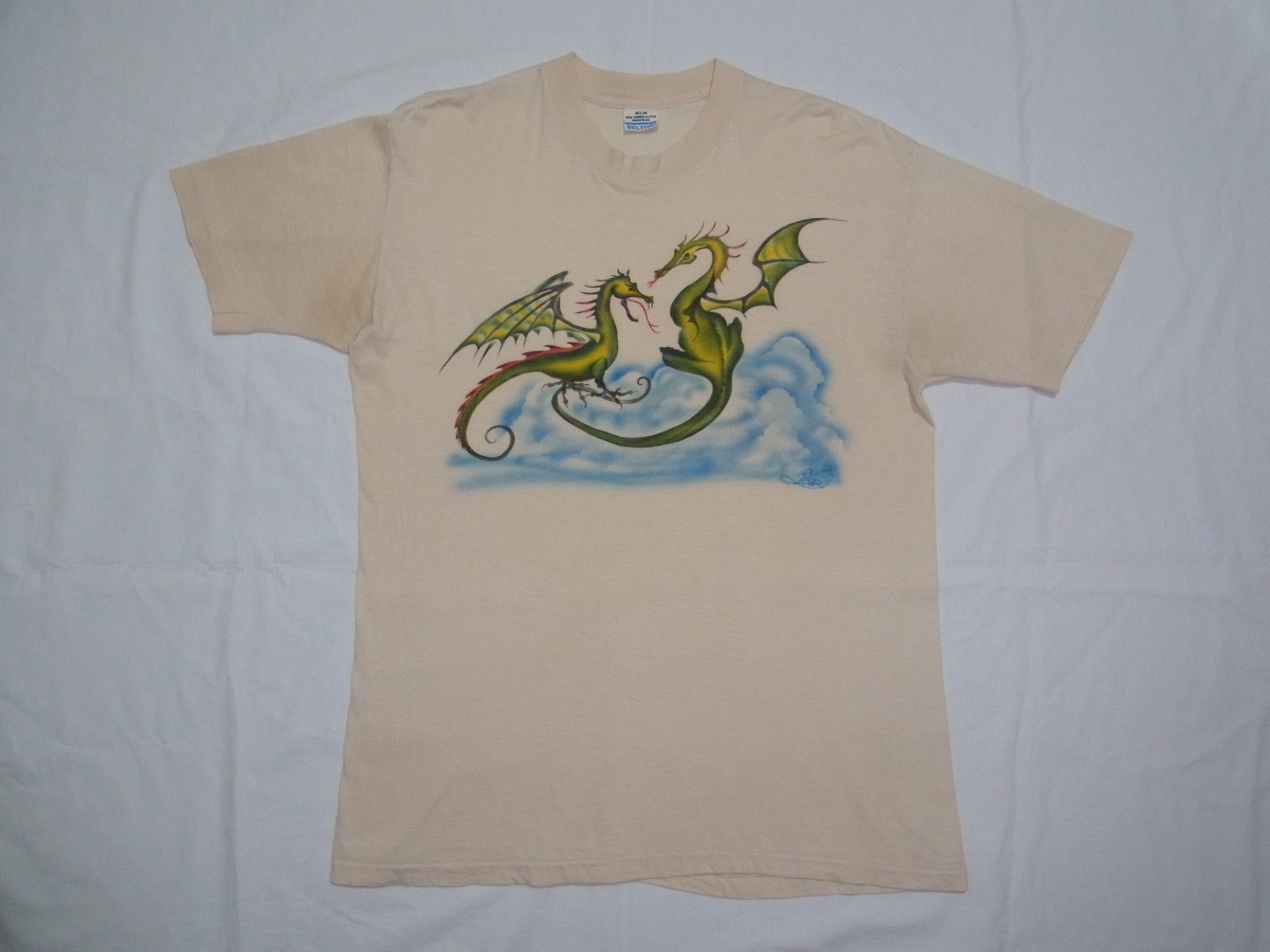 日本初の ☆ 70s80s USA製 ビンテージ エアブラシ アート 1982 ドラゴン Tシャツ sizeL ベージュ ☆古着 AIRBRUSH ART BELTON Dungeons & Dragons イラスト、キャラクター