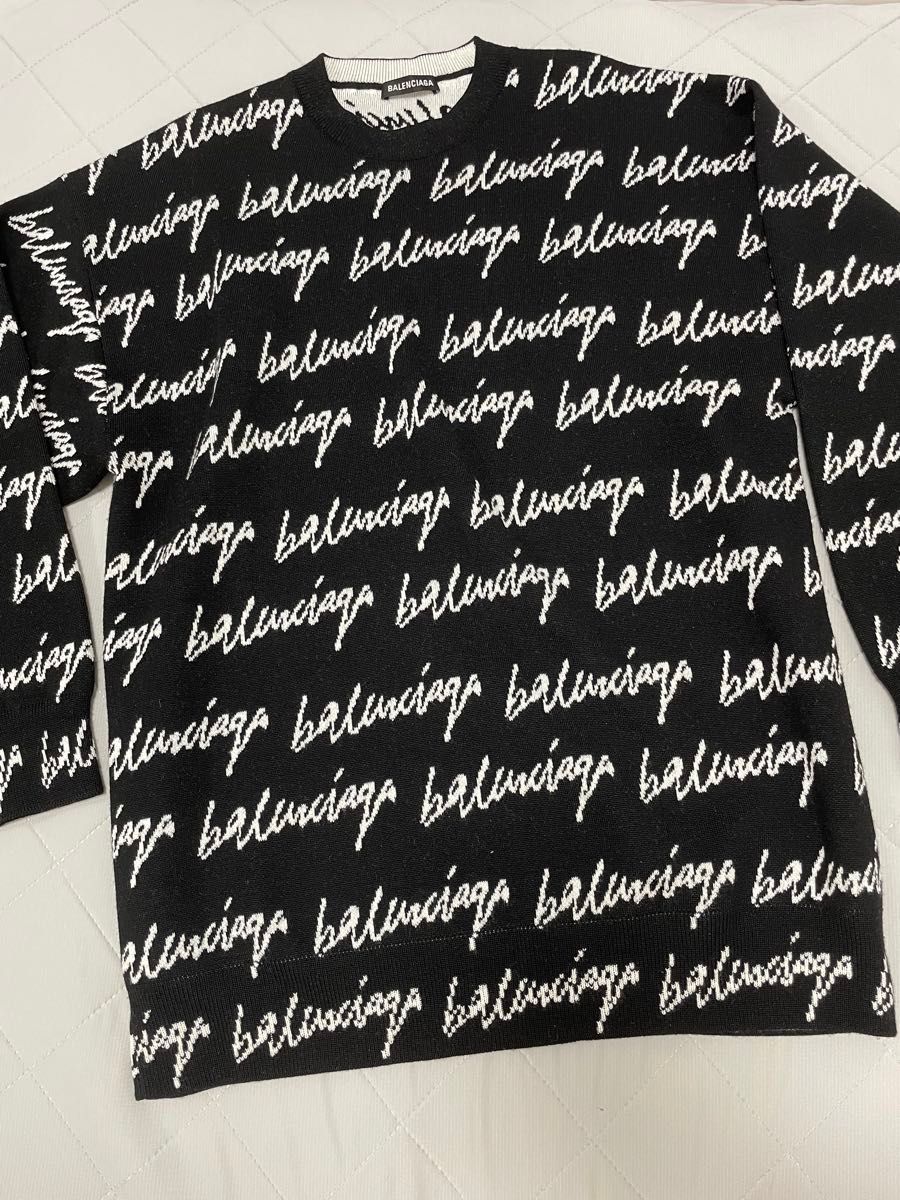 直営店買付★BALENCIAGA ロゴ総柄セーター ウールニット BALENCIAGA バレンシアガ ニット セーター ロゴ 総柄 ブラック