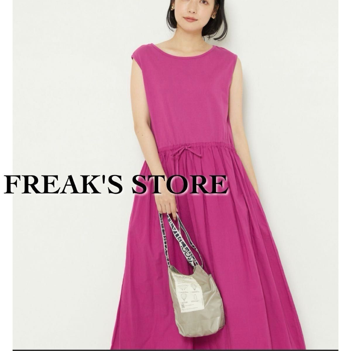 ピンク プリーツ ノースリーブ ロングワンピース FREAK'S STOREノースリーブワンピース コットン綿 マキシ丈