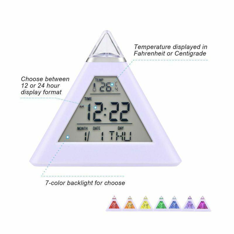 A0928　7 色のカラフルなピラミッド Lcd アラーム時計夜の光温度計デジタル壁時計変更可能 Led 時計ホームインテリア Accessorier_画像2