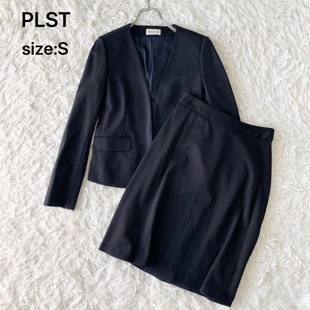 PLST プラステ セットアップスーツ ノーカラー 洗濯可 ネイビー M 美品】PLST プラステ スカートセットアップスーツ ノーカラー
