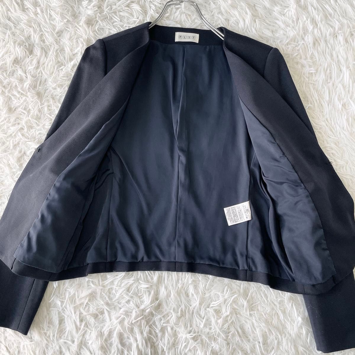 PLST プラステ ノーカラー セットアップスーツ リネン混 ネイビー S 美品 美品】PLST プラステ スカートセットアップスーツ ノーカラー