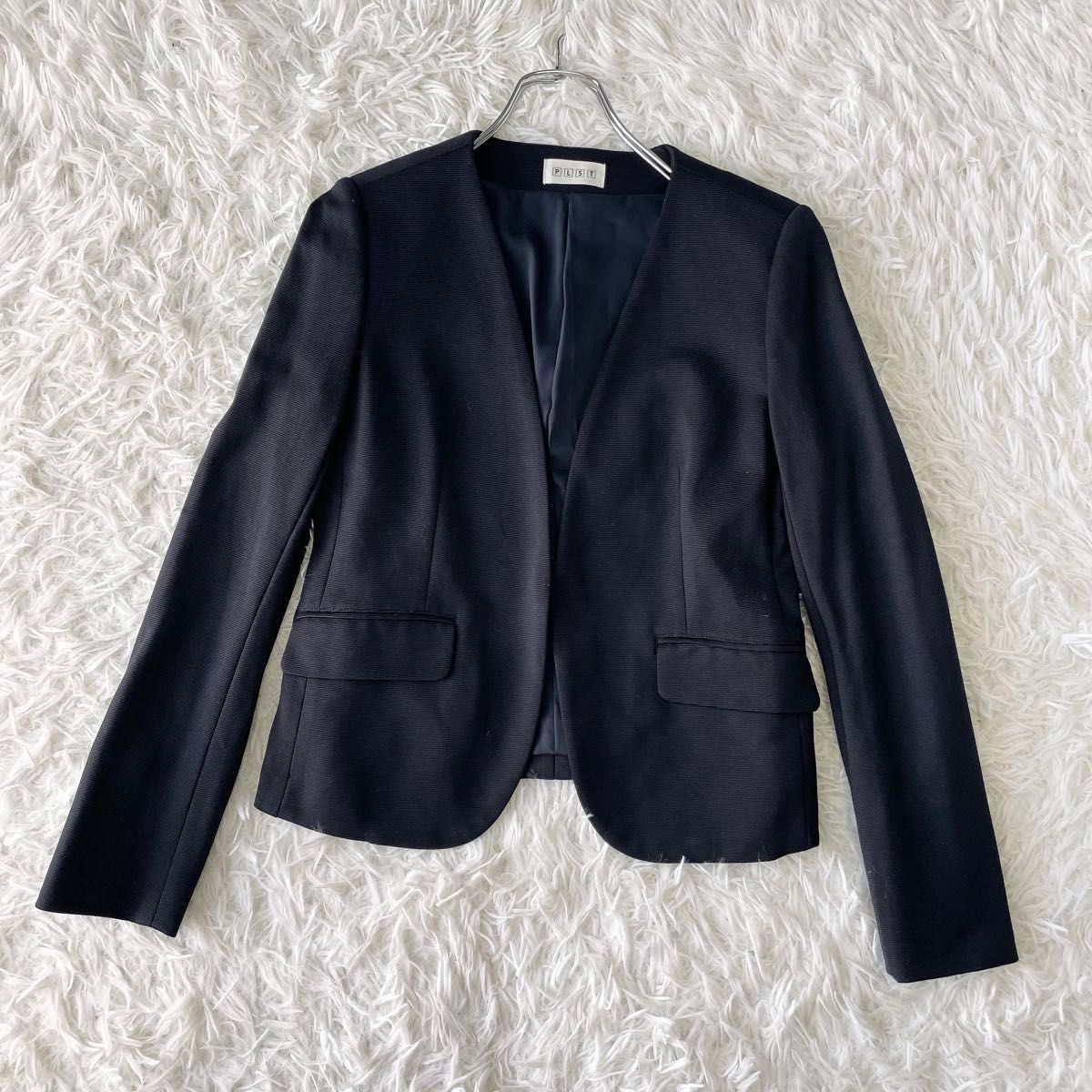 美品✨PLST プラステ ノーカラーセットアップ スーツ ブラック L 1ボタン 美品】PLST プラステ スカートセットアップスーツ ノーカラー