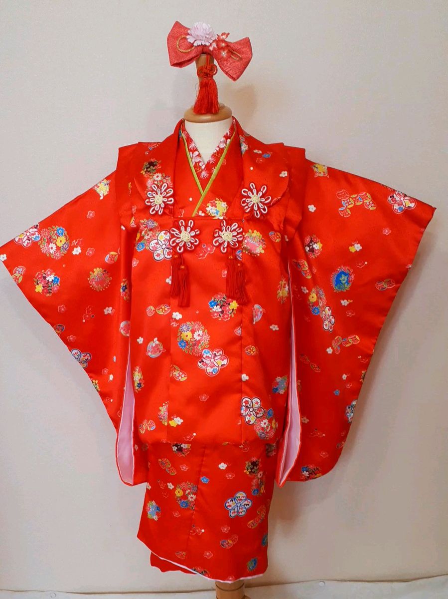 美品 七五三 着物 3歳 赤★女の子 被布フルセット お祝い 化繊