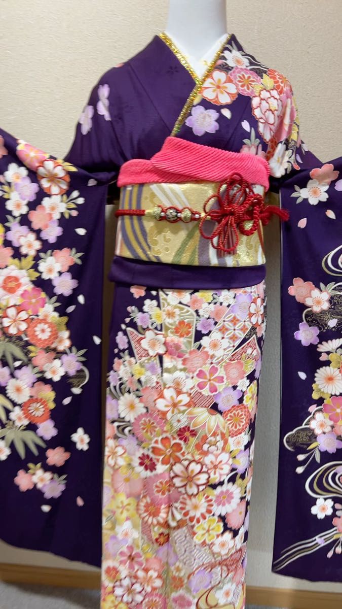 振袖 5点セット 正絹着物 和服 成人式 結婚式 花柄 華やか 前撮り 紫色