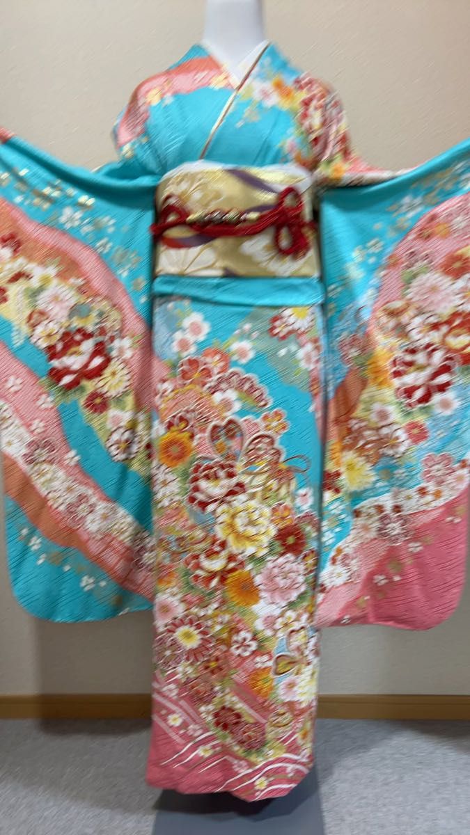 振袖5点セット 正絹 着物 袋帯 振り袖 成人式 前撮り 結婚式 刺繍 ブルーピンク色