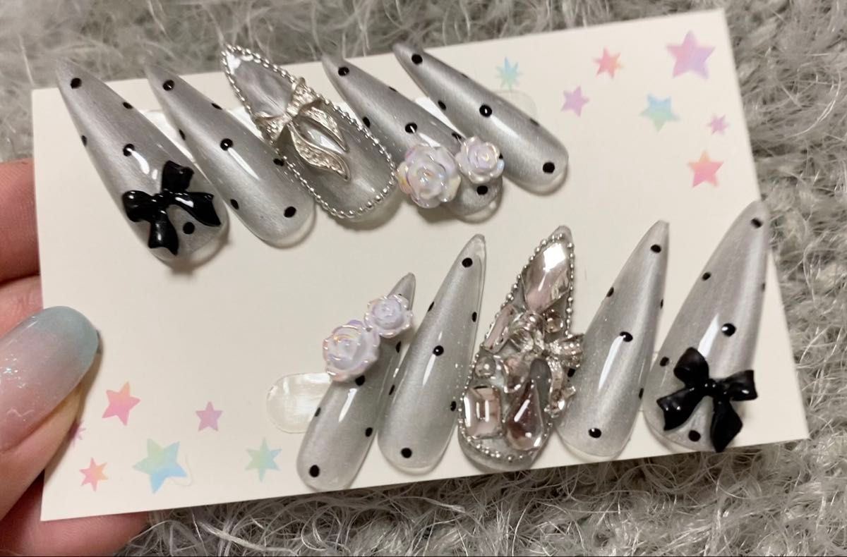 No.133 ネイルチップ フレンチガーリー ロングネイル マグネットネイル 埋め尽くし