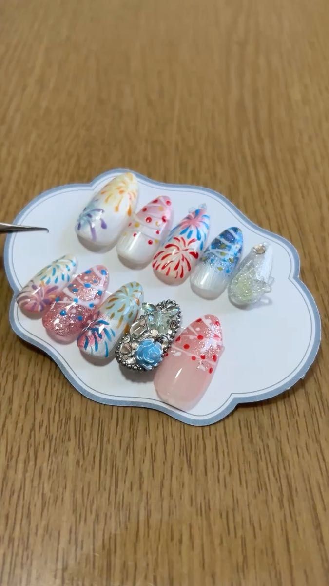 No.15 夏ネイル ジェルネイルチップ ネイルチップ ニュアンス ハンドメイド ヨーヨー 花火 量産型 サイズオーダー