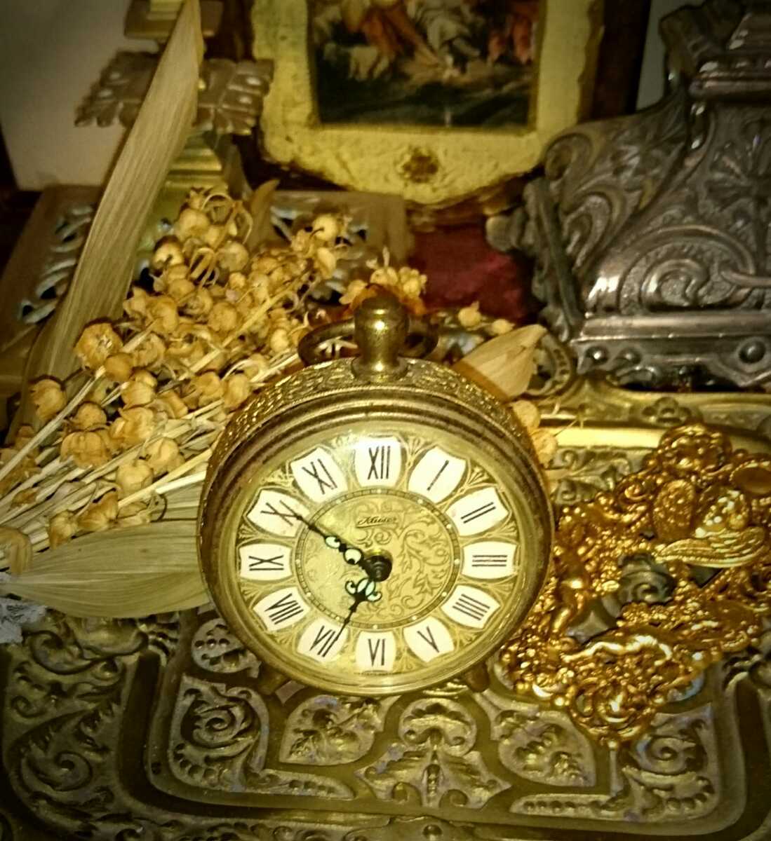 ドイツ製 アンティーク 小型 ゼンマイ 目覚まし時計 置時計 真鍮製