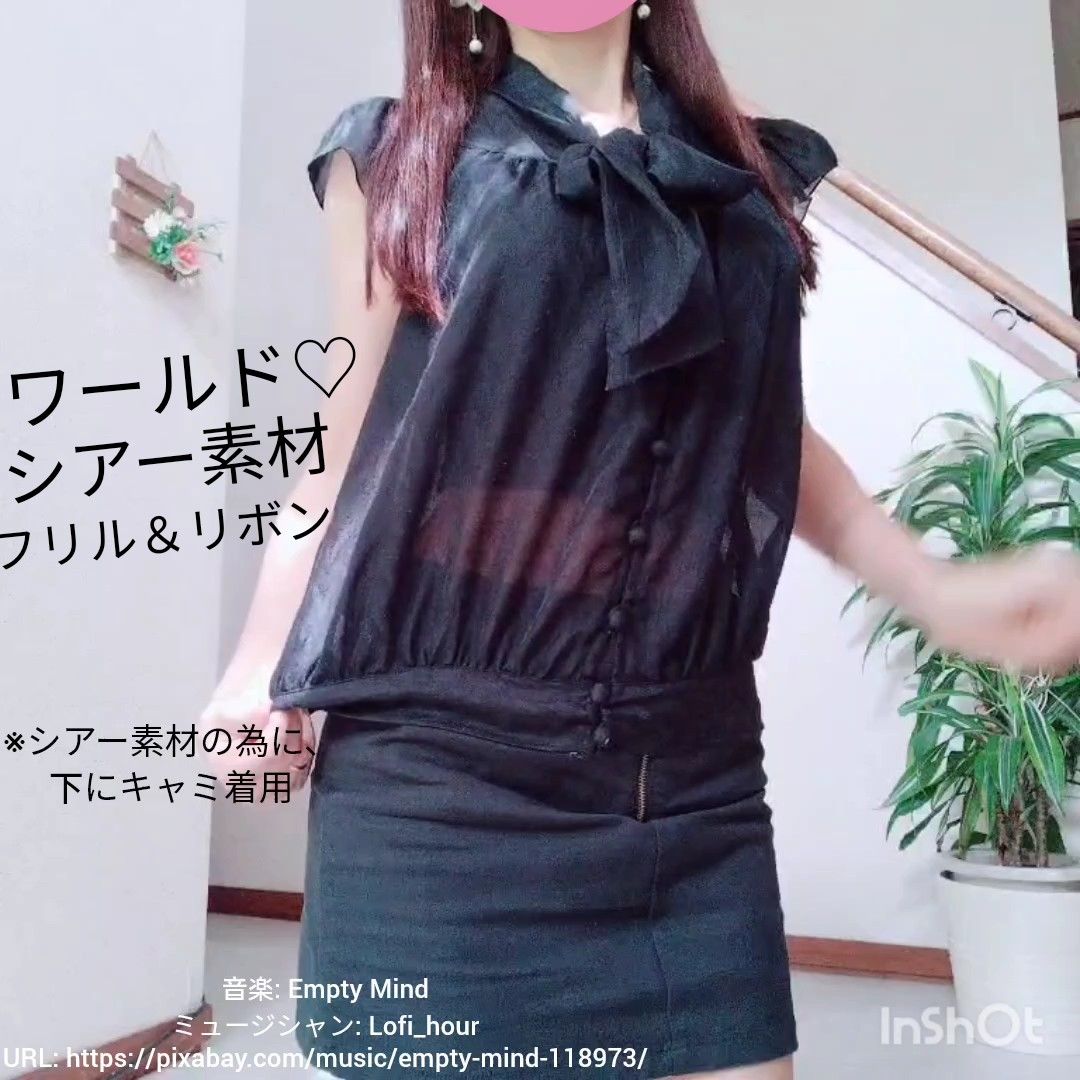 ワールド INDEX☆シアー素材☆フリル袖&リボンタイ☆黒系☆レディース☆ノースリーブシャツ