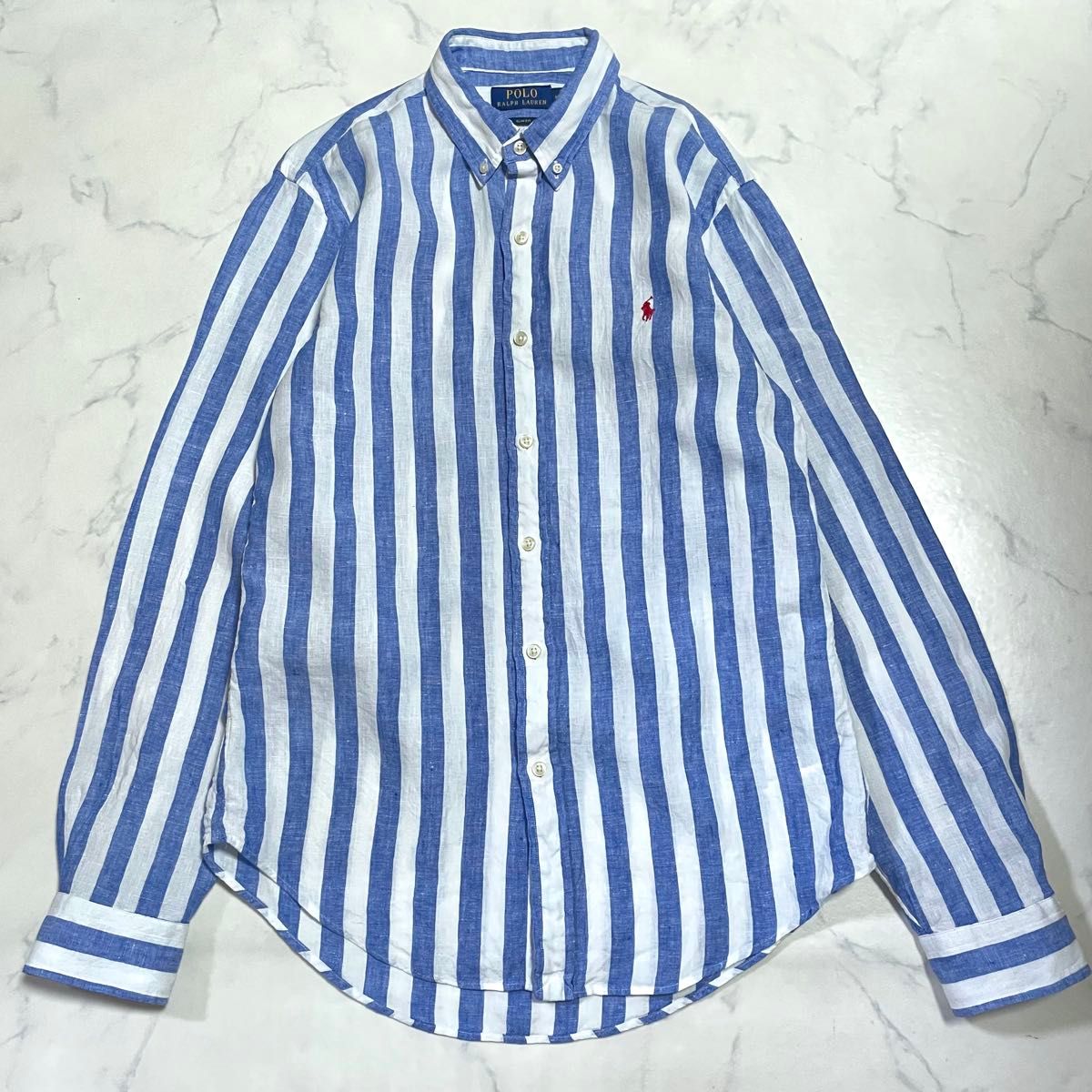 【訳あり】【Polo Ralph Lauren】ストライプのリネンシャツ 訳あり】ポロラルフローレン リネンシャツ ストライプ 麻 ブルー