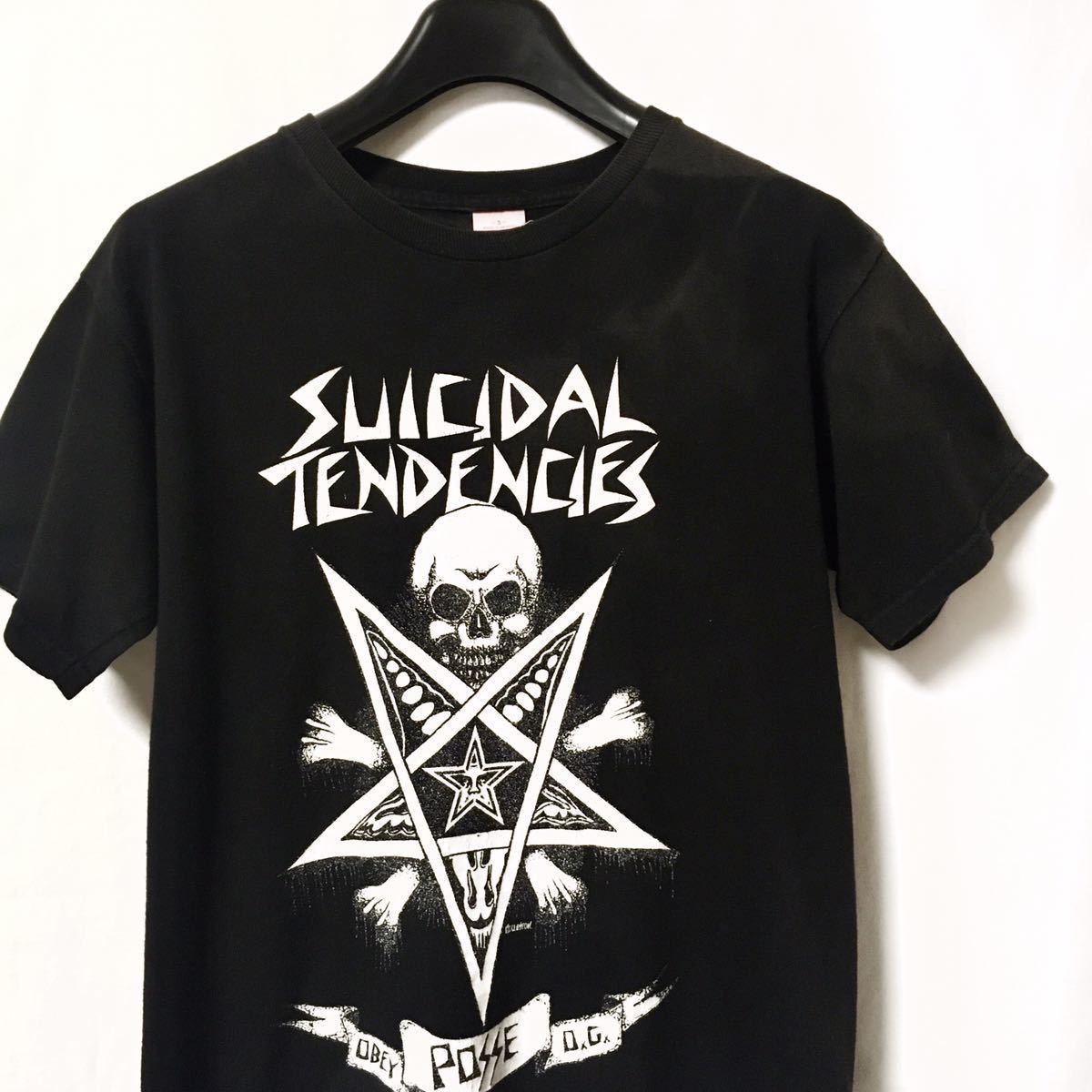 【OBEY × SUICIDAL TENDENCIES Tシャツ】古着 レア ブラック S オベイ スーサイダル バンド バンT 90s USA製 フェード スケーター スカル_画像1