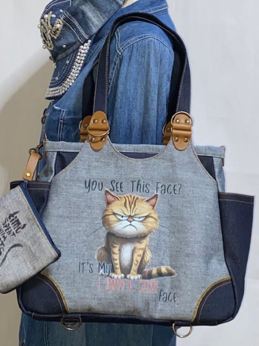 セール☆ハンドメイド☆岡山デニム☆リアル☆トラ猫☆子猫☆4wayボストンバッグ 岡山デニム 悪ネコ トラ猫 両面リュック対応 4wayあおりバッグ