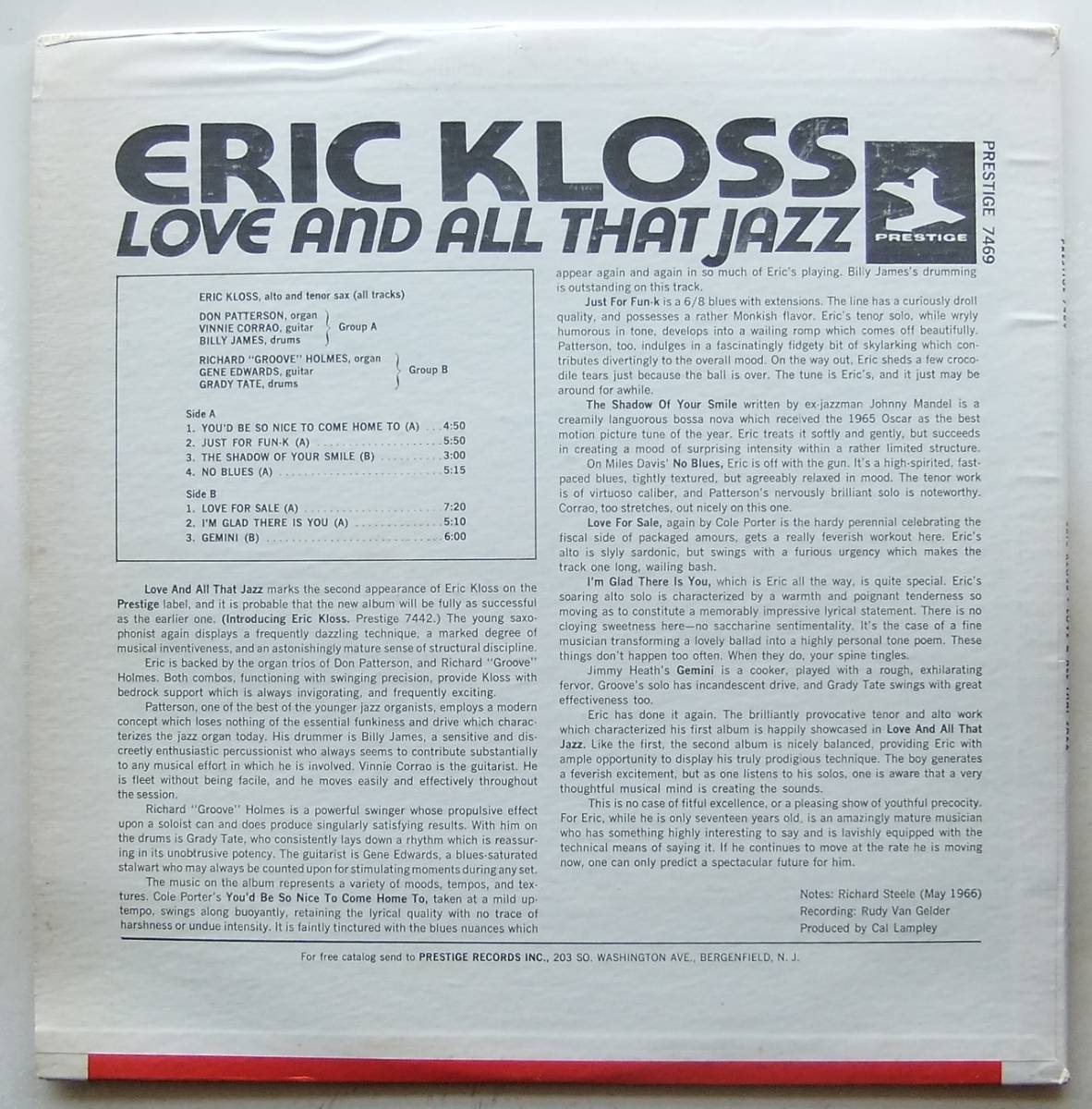 ◆ ERIC KLOSS / Love And All That Jazz ◆ Prestige PR 7469 (blue:VAN GELDER) ◆ Vの画像2