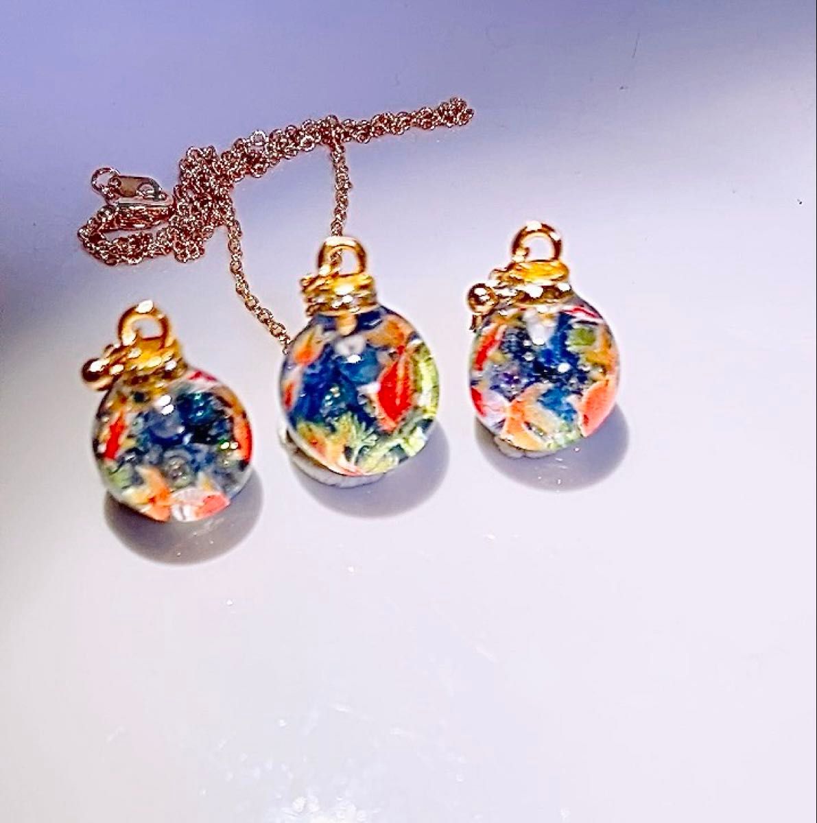 即買い翌日発送◎ 再販×3 K16gp 金魚 蒼の水庭 天然石 ピアス ネックレスセット イヤリング変更可 値下げバラ売り不可