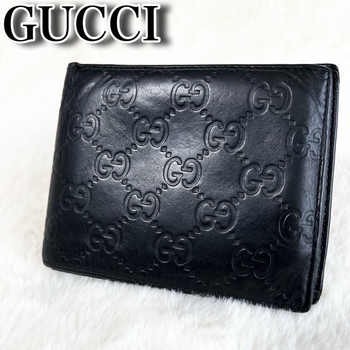 ⭐未使用⭐GUCCI ブラックレザー 三つ折り財布 GG柄 シマ GUCCI グッチ GG柄 グッチシマ シマレザー 本革 型押し 二つ折り