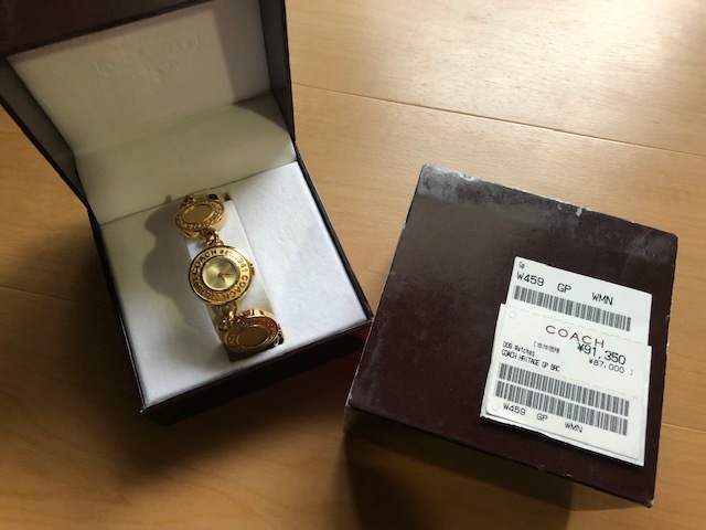 AK435 良品程度 レア 箱付属品有 COACH コーチ SWISS QUARTZ W459 GP 0308 ゴールド チェーン バングルブレス クオーツ レディース 腕時計_画像1