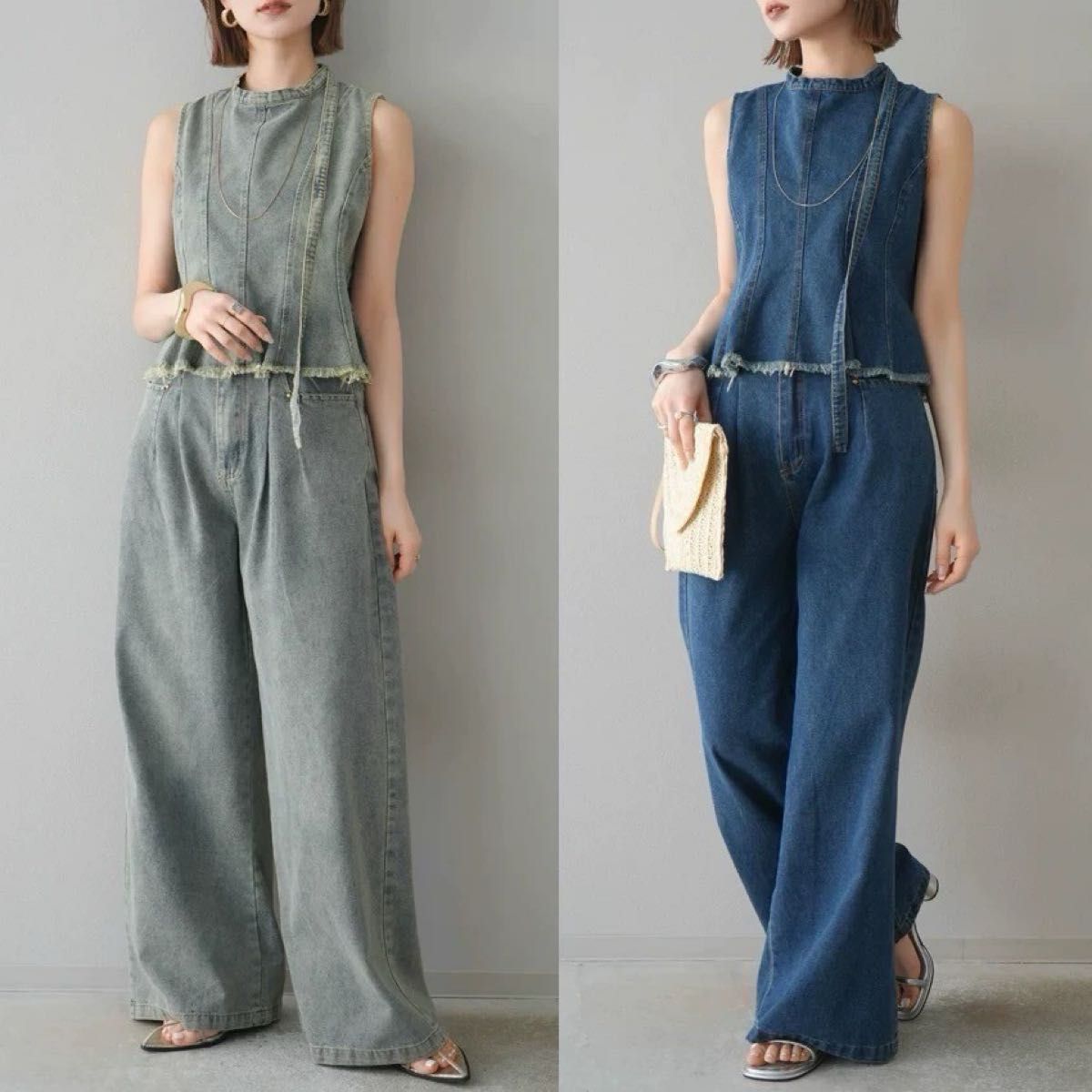 セットアップ パンツ デニム ノースリーブ ベルボトム ワイド デニム ノースリーブトップス ワイドパンツ セットアップ ブルー