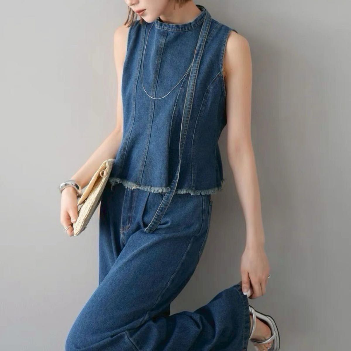 【送料込】セットアップ ブルー デニム パンツ ノースリーブ デニム ノースリーブトップス ワイドパンツ セットアップ ブルー