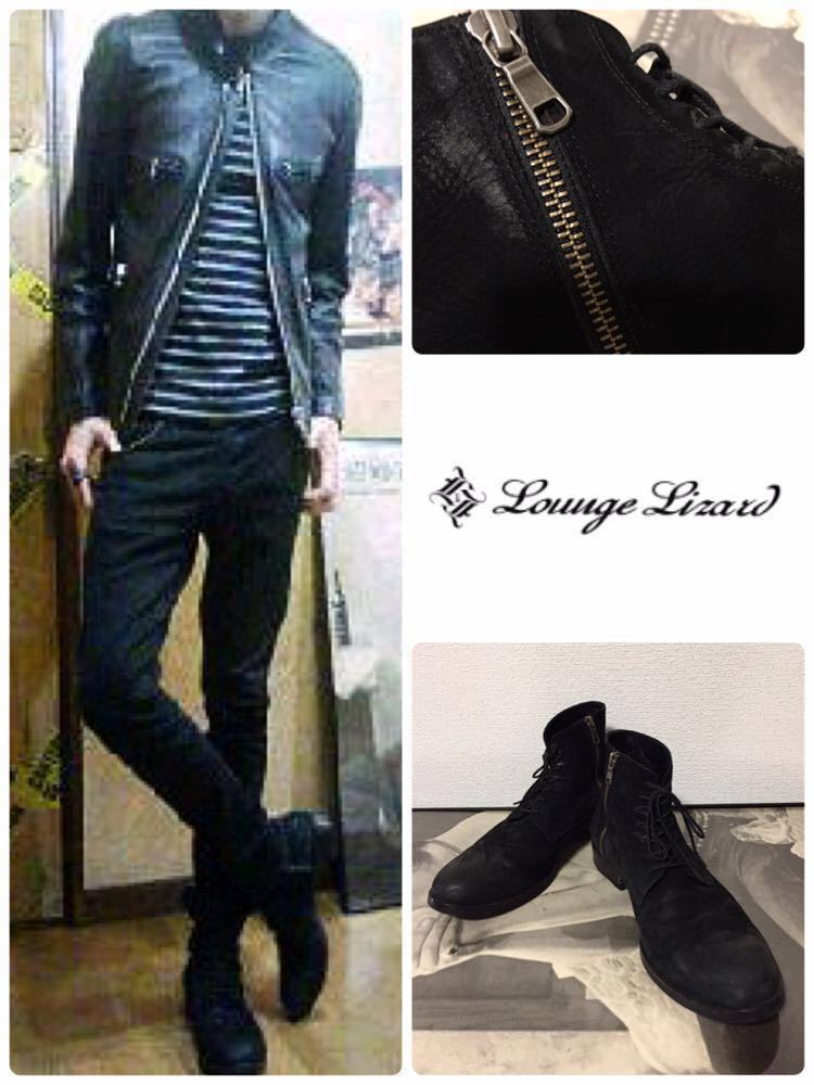 正規 LOUNGE LIZARD side zip boots ラウンジリザード サイドジップ レースアップブーツ ブラック size3★_画像2