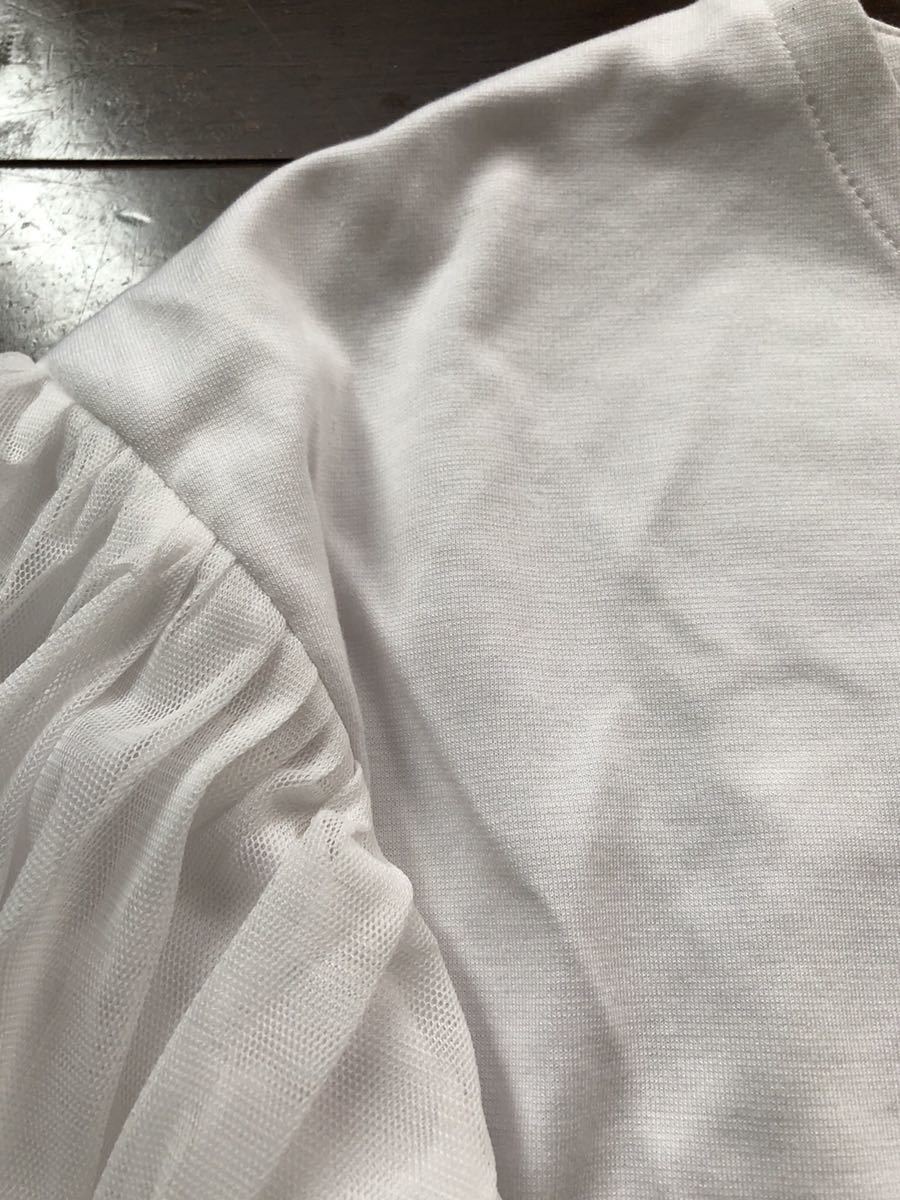白　長袖カットソー　ふんわり袖　チュールレース袖　Ｖネック　レディース　カットソー　白長袖　長袖