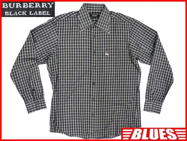 即決★BURBERRY BLACK LABEL★メンズM 廃版 ノバチェック シャツ バーバリーブラックレーベル 2 黒 グレー 三陽商会正規 ナイト刺繍 長袖