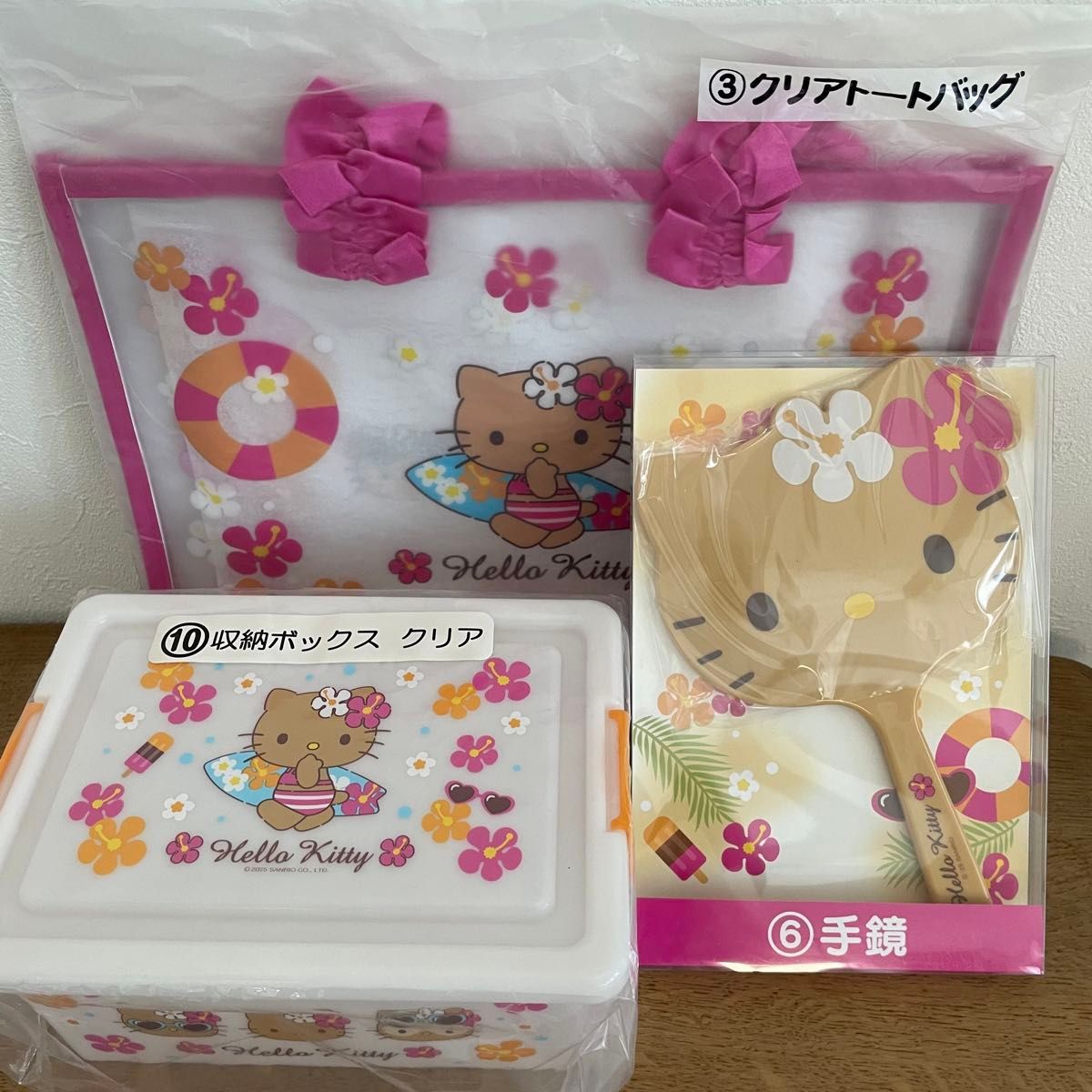 ハローキティ 日焼け キティ くじ クリアトートバッグ マスコット 手鏡 BOX ハローキティ 日焼け キティ くじ クリアトートバッグ
