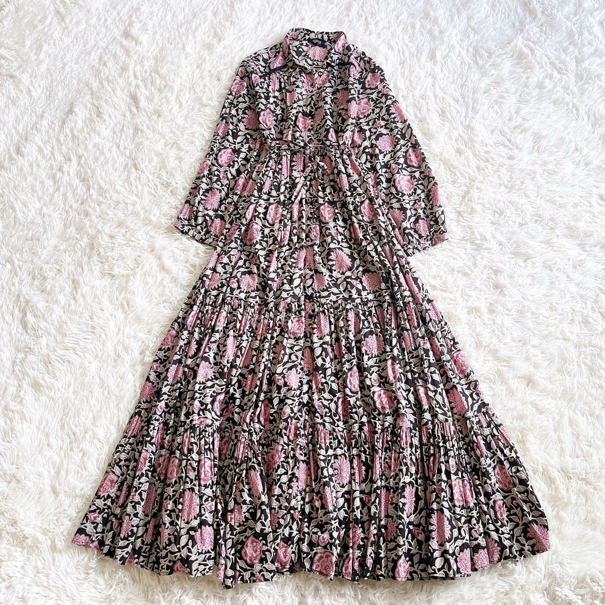 *大人可愛い*花柄*リボン*コットンシャツワンピース Velnica シャツワンピース コットン 花柄 リボン ブラック