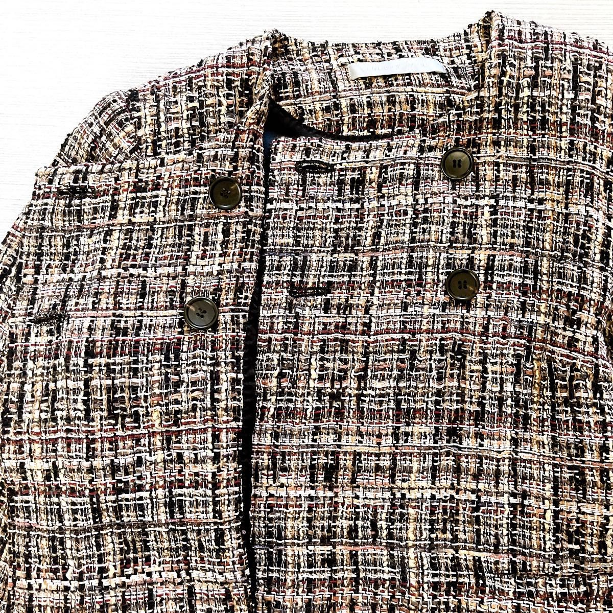 美品♡セオリーリュクス ノーカラージャケット ミックスツイード ママスーツ 38 セオリーリュクス ツイード ジャケット ノーカラー ELLEY