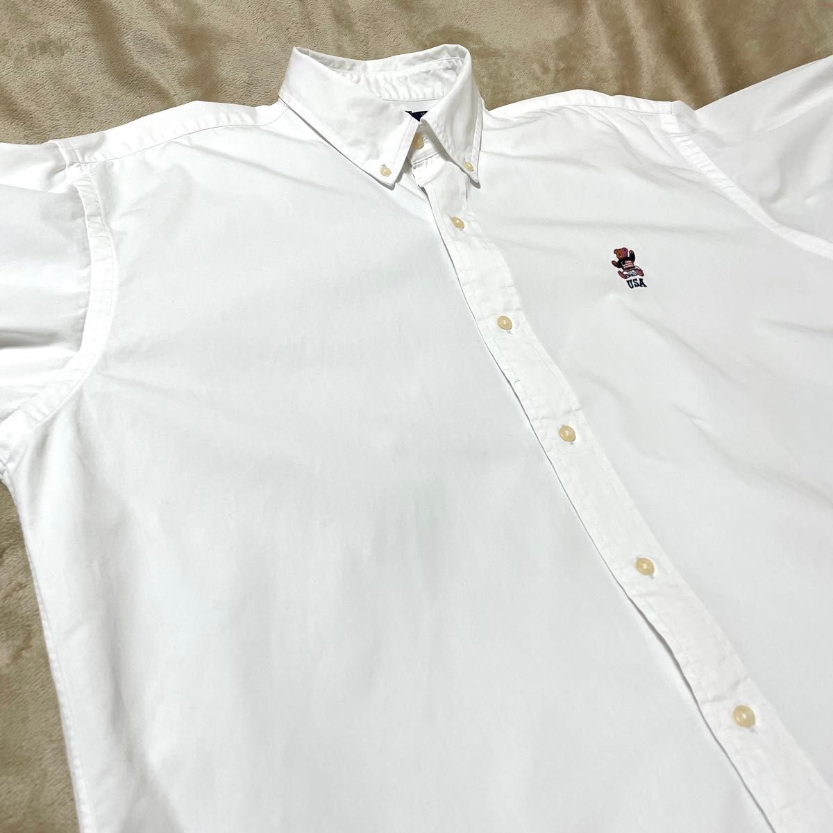 【ラルフローレン】ポロベア 刺繍 オックスフォード シャツ L ホワイト 長袖 POLO RALPH LAUREN】オックスフォードシャツ USAポロベア刺繍