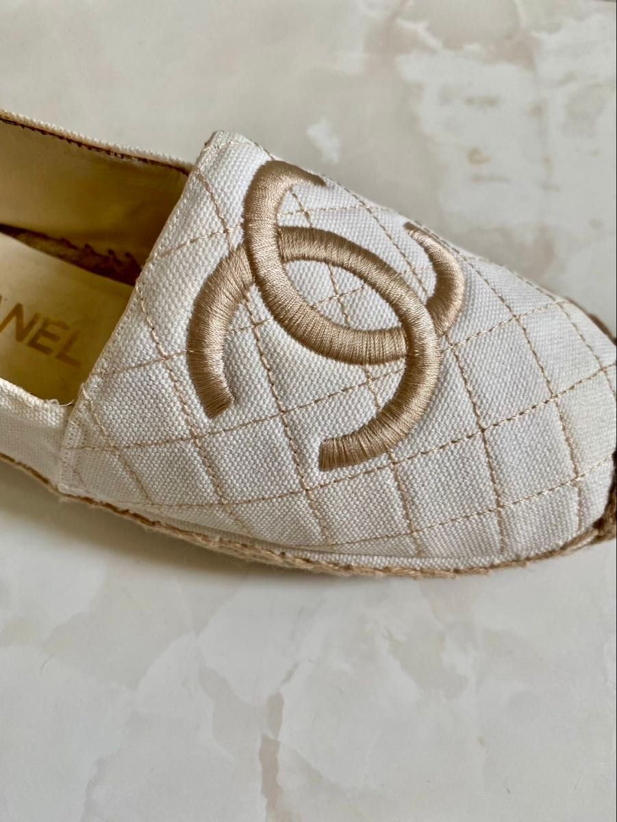 【CHANEL】エスパドリーユ ココマーク 花 刺繍 春夏 25P 美品 シャネル 刺繍ロゴ エスパドリーユ スリッポン スニーカー