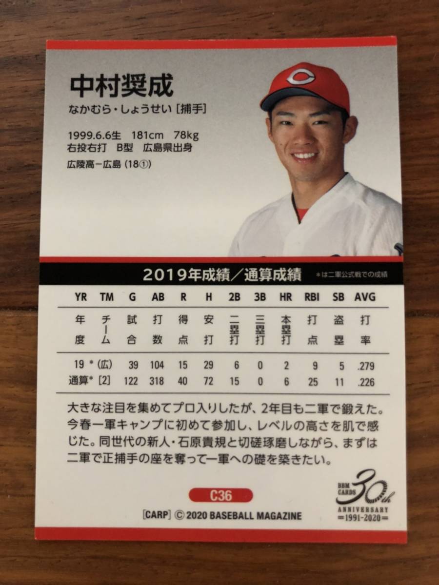 2020 BBM ベースボールカード 中村奨成(広島東洋カープ) レギュラーカード_画像2